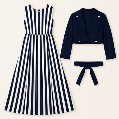 Navy Stripe Midi Dress Set  | K-9