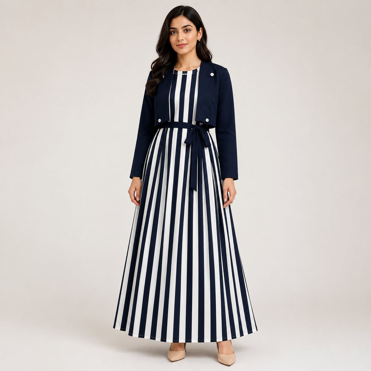 Navy Stripe Midi Dress Set  | K-9