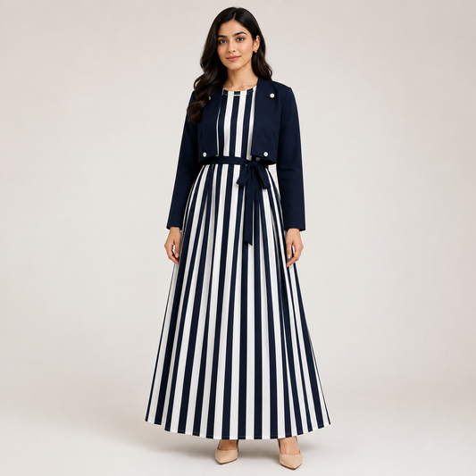 Navy Stripe Midi Dress Set  | K-9